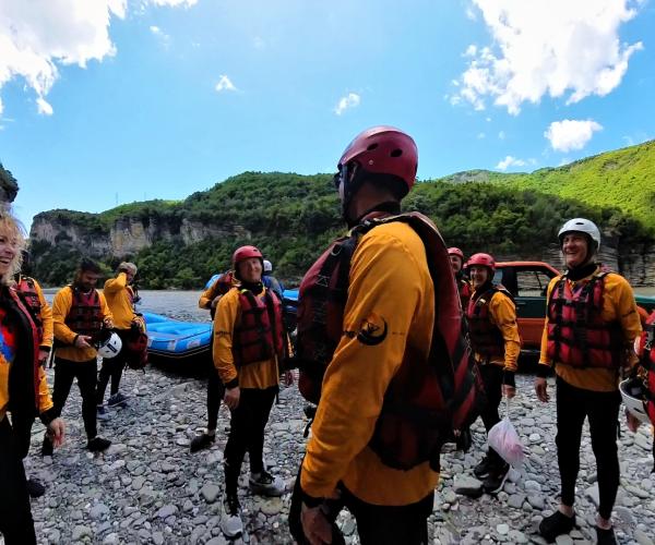 Rafting group entering the narrow walls of Osumi Canyon